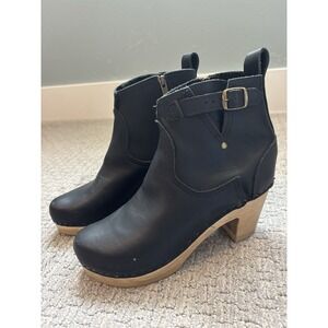 No. 6 Store Leather Clog Buckle Boot on Mid Heel 5" Black Size 39